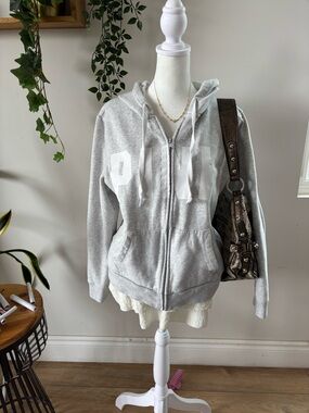 PINK Victoria's Secret Light Gray Zip Hoodie with White Lettering